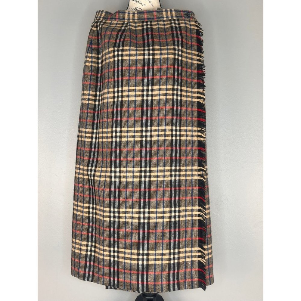 Evan-Picone Vintage Women's Cream & Black Plaid Fully Lined Wool Wrap Skirt w/ F